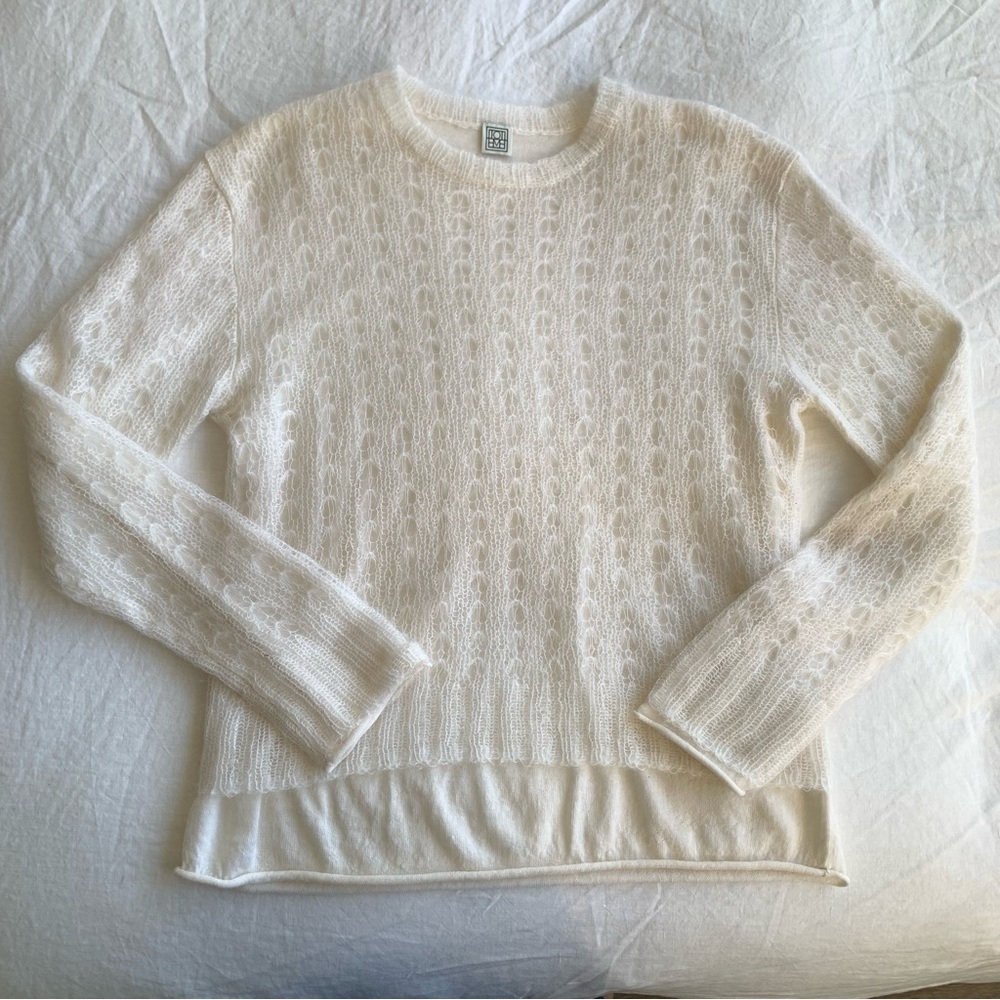 Toteme Mohair Lace Knit Wool Layered Crewneck Pullover Sweater Cream White
